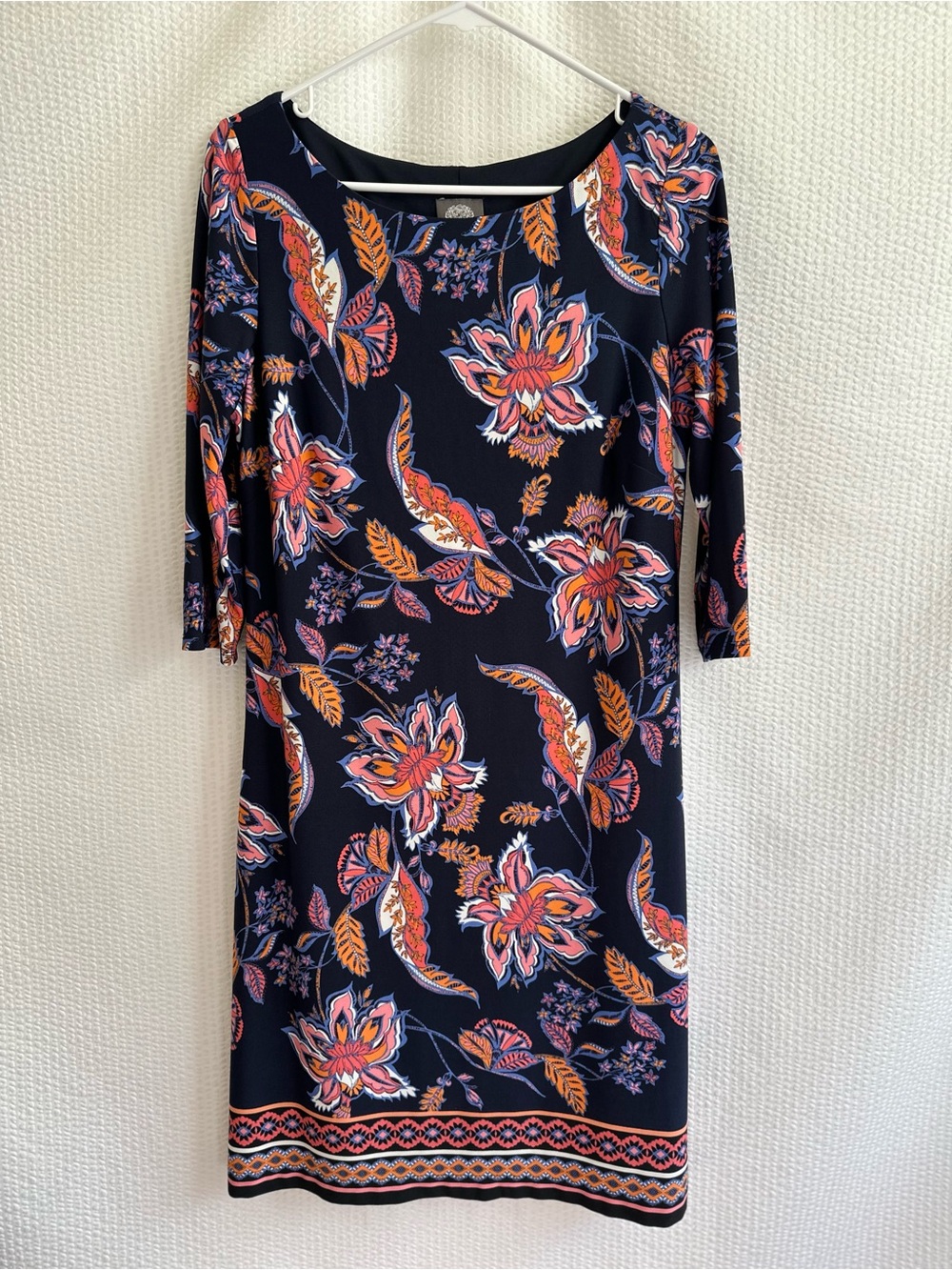 Vince Camuto Floral Boho Navy Blue Pink Orange Midi Shift Dress Size: 8